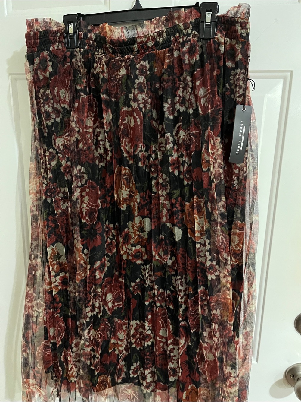 Haute Monde Burgundy Floral Asymmetrical Mesh Skirt